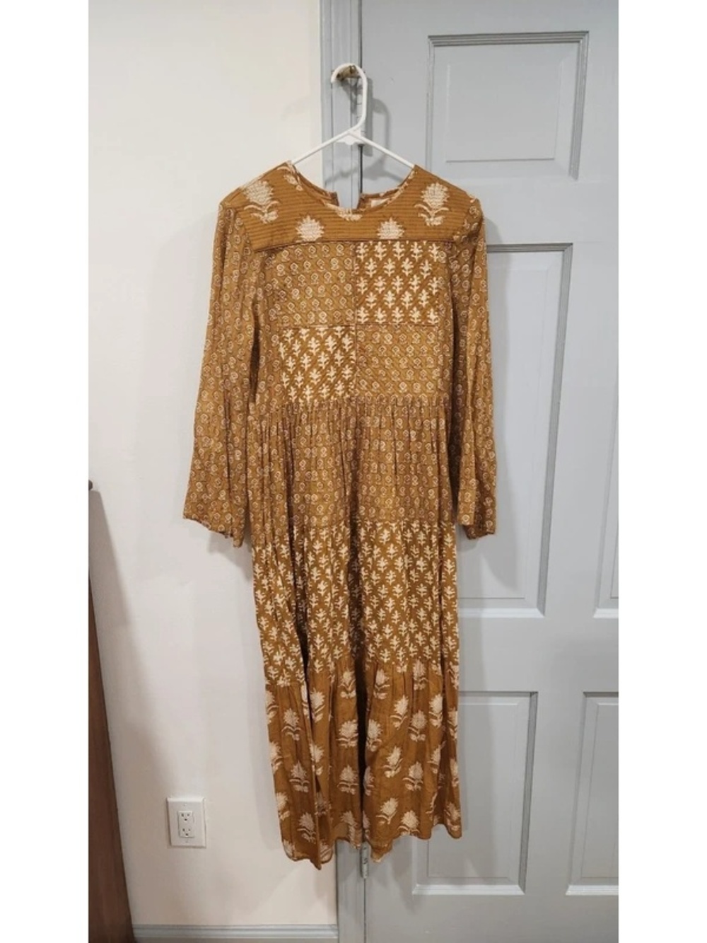 DÔEN Mustard Yellow Patchwork Print Midi Dress, Size M